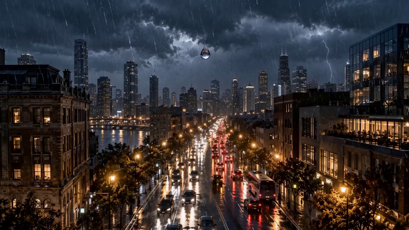 Rain falling on a city street above layers of soil